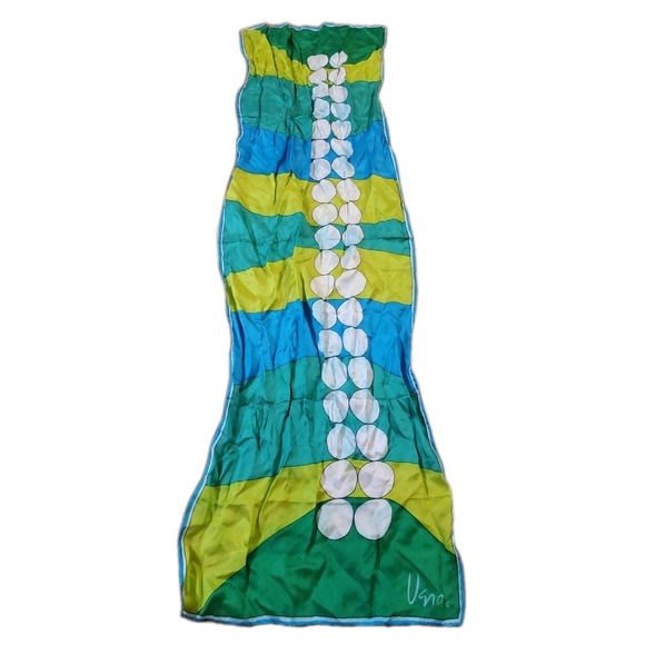 VTG Vera Neumann Green Blue Yellow Abstract 44"x14" Oblong Scarf Silk Rayon - Picture 3 of 3